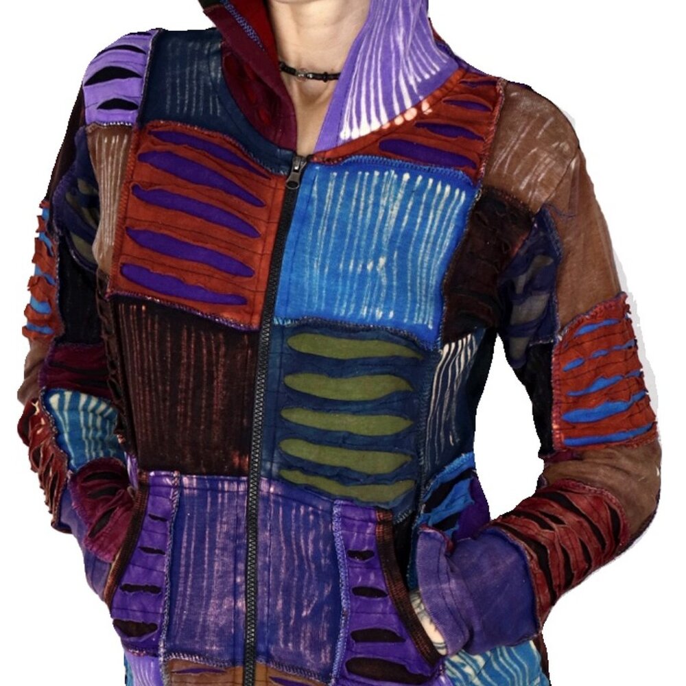Multi colored patchwork Burning Man Festival Rave Gothic hoodie